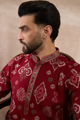 Red Silk Blend Printed Mandarin Collar Straight Kurta MKU1988
