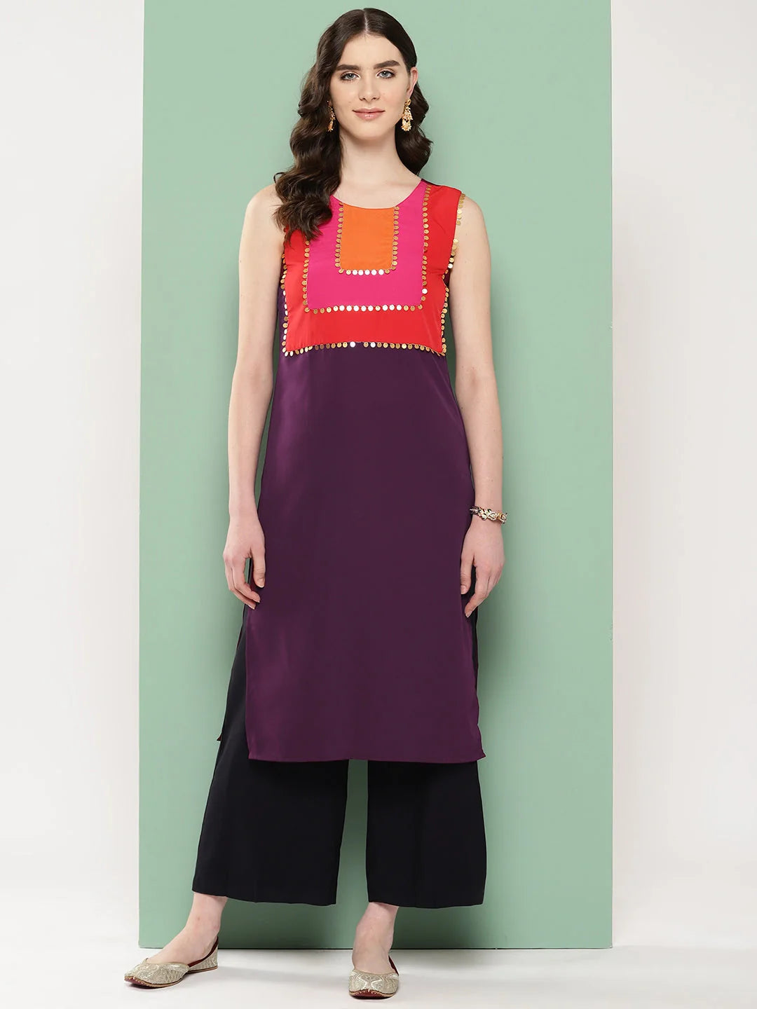 Burgundy Sequin Yoke Design Kurta | Party Wear Indian Kurtas
