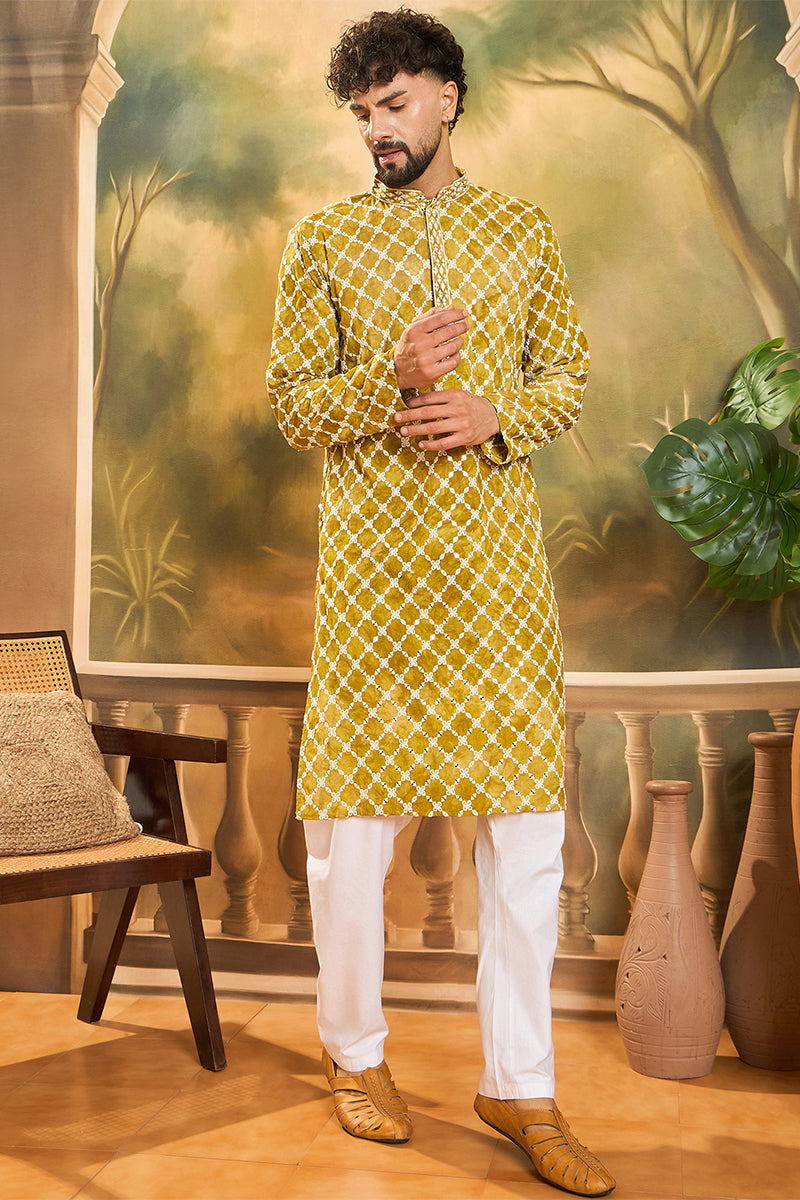Yellow Silk Blend Embroidered Shibori Straight Kurta With Trousers MKSET1415