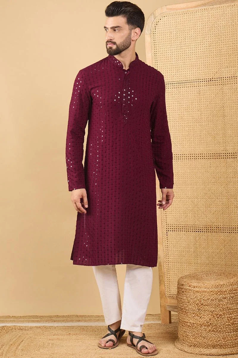 Maroon Embroidered Viscose Rayon Indian Kurta for Men