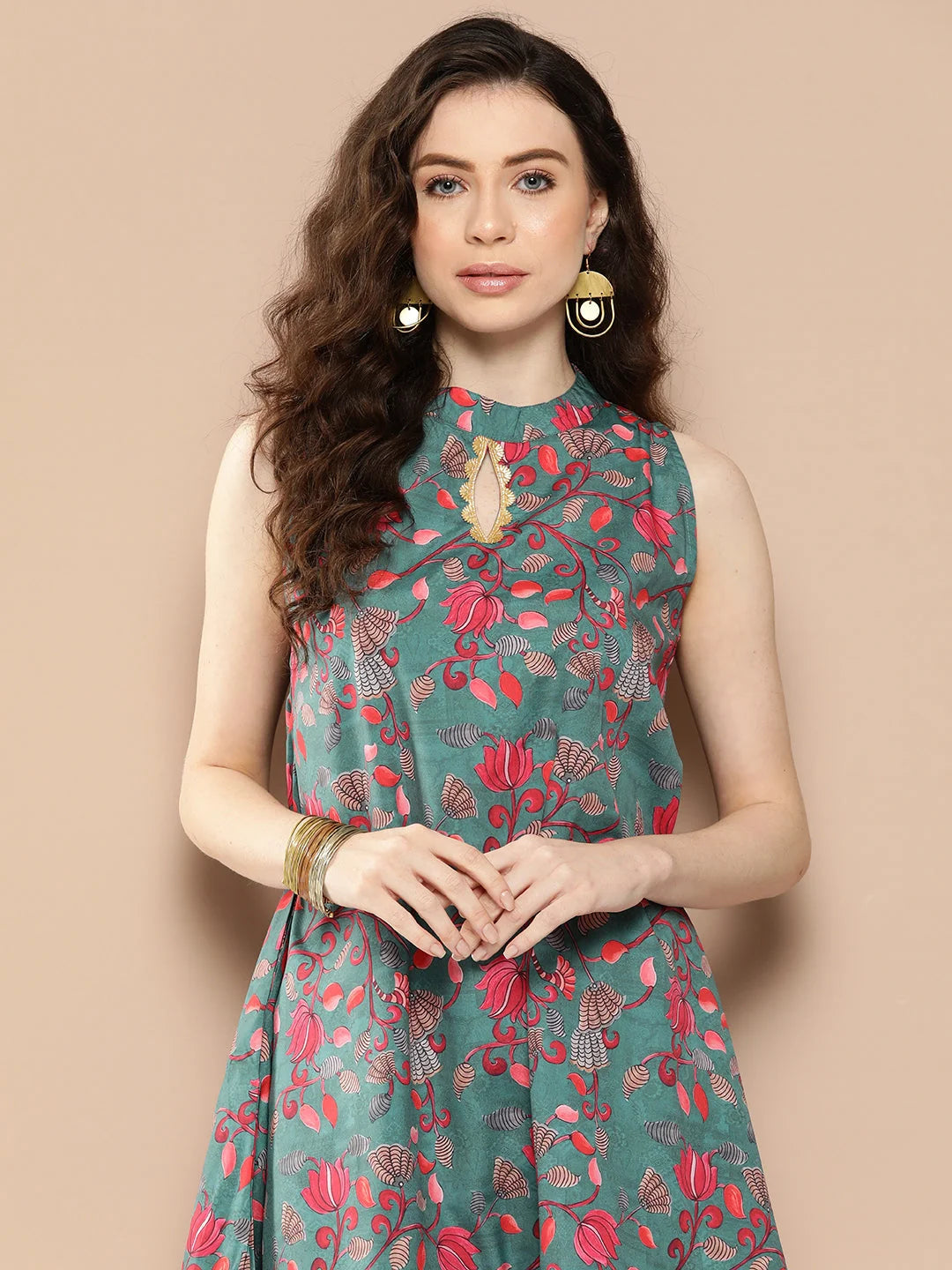 Teal & Pink Floral Tunic Top - Indian Kurta Ladies Collection