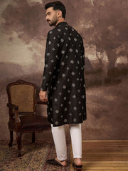 Ethnic Bay Men Black Silk Blend Solid Embroidered Straight Kurta With Pant Set-MKSET1370