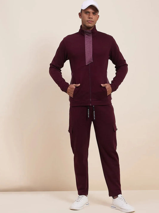 Men's Maroon High Neck Contrast Flap Jacket 1080