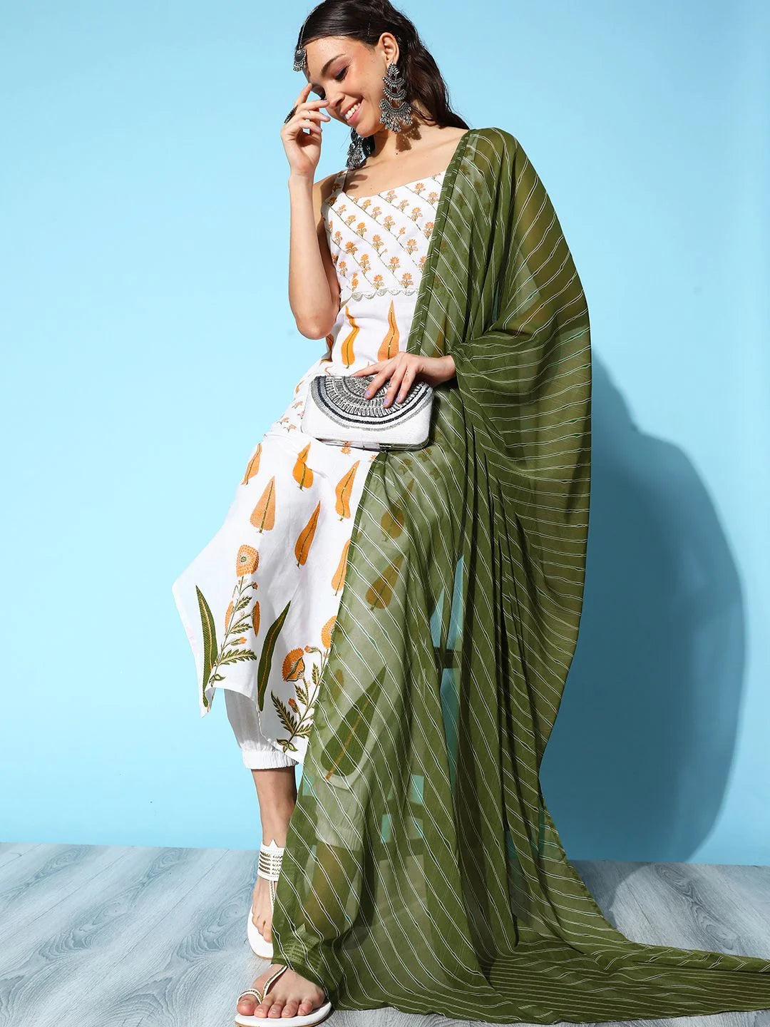 White Pure Cotton Pigment Printed Kurta Pant Set With Dupatta-AHKUDUPN-COMBO-509-FF