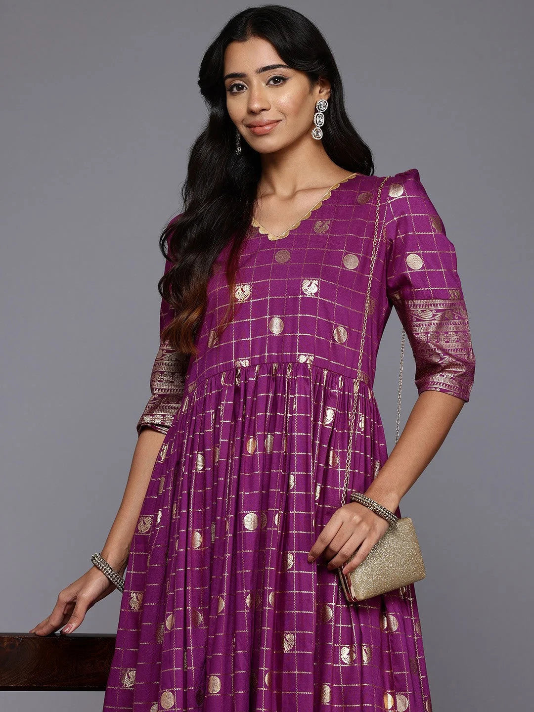 Checked Puff Sleeve Maxi Gown | Shop Indian Dresses Online