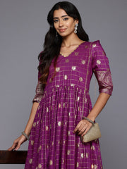 Checked Puff Sleeves Maxi Gown-AHEDCNFP-242