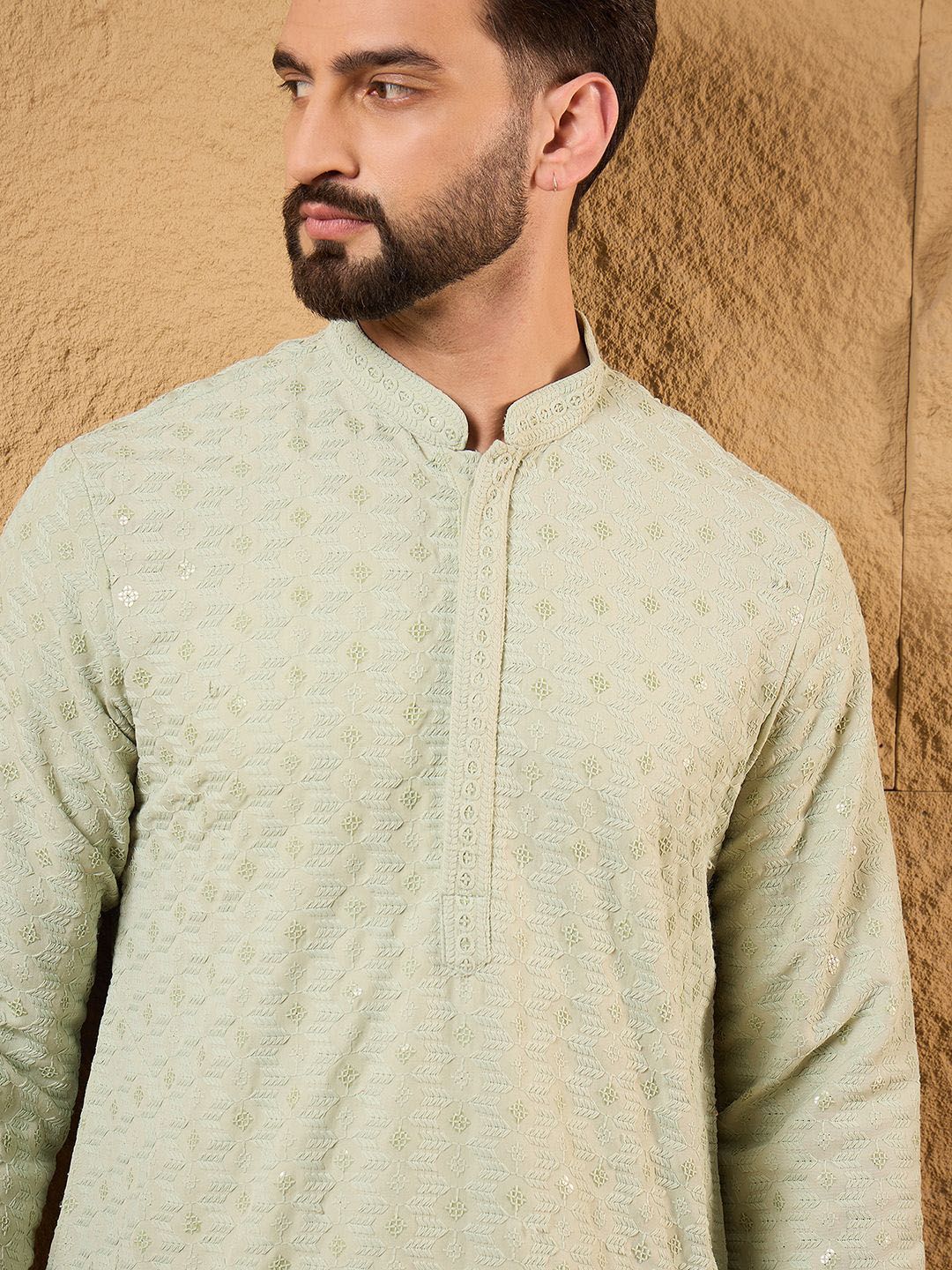 Ethnic Bay Men Green Rayon Blend Solid Embroidered Straight Kurta With Pant Set-MKSET1231