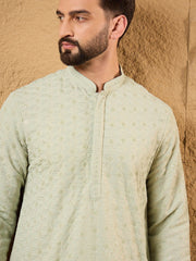 Ethnic Bay Men Green Rayon Blend Solid Embroidered Straight Kurta With Pant Set-MKSET1231