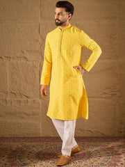 Ethnic Bay Men Yellow Viscose Rayon Solid Embroidered Straight Kurta With Pant Set-MKSET1222