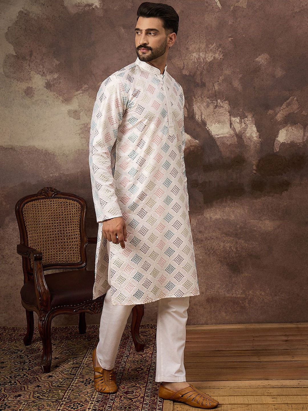 Ethnic Bay Men White Silk Blend Solid Embroidered Straight Kurta With Pant Set-MKSET1382