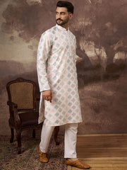 Ethnic Bay Men White Silk Blend Solid Embroidered Straight Kurta With Pant Set-MKSET1382