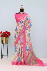 Linen Digital Print Pink Saree With Unstiched Blouse Piece-MPHL-61-PINK