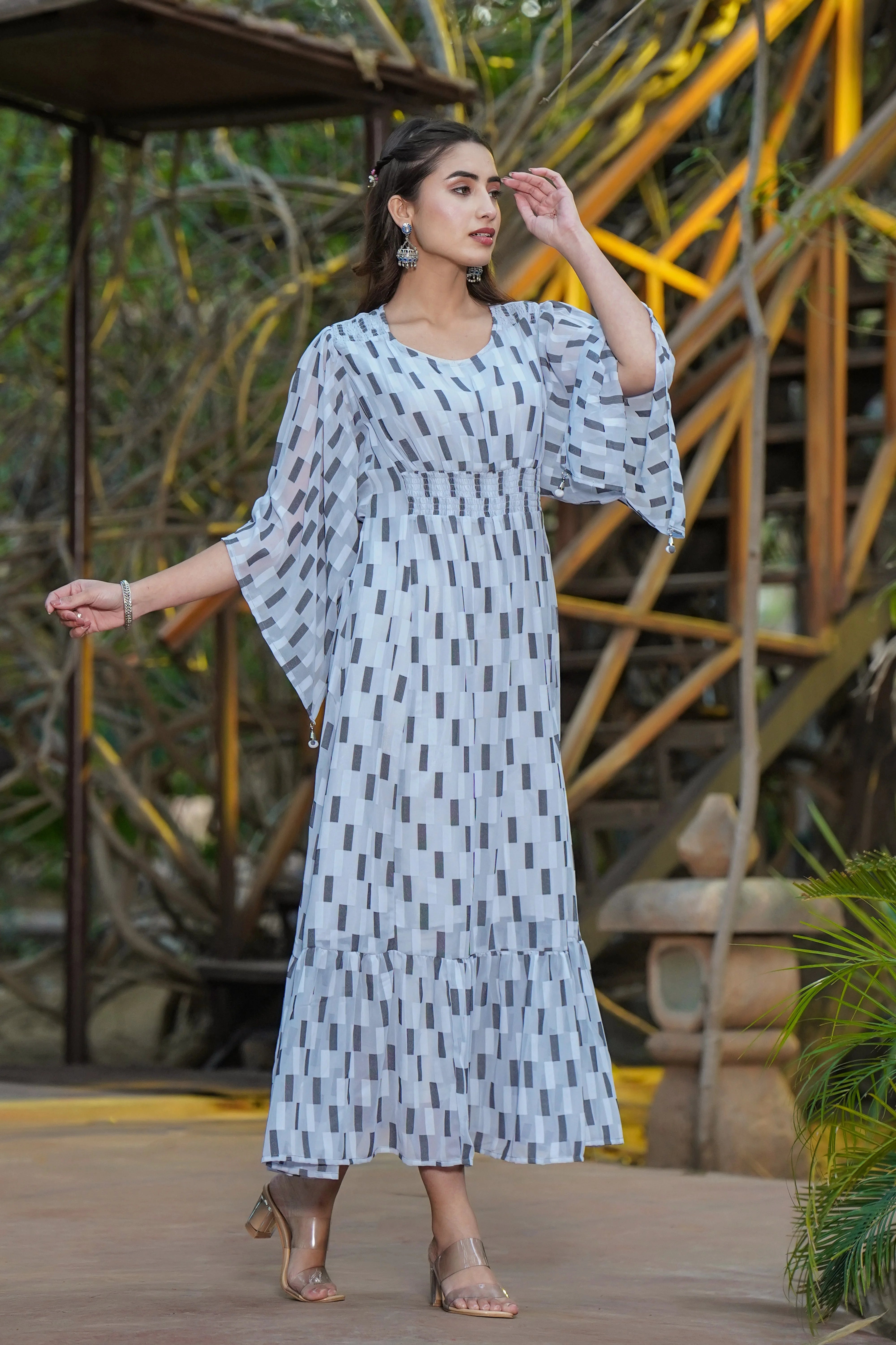 Grey Checked Tiered Indian Dresses Online | Women's Dress