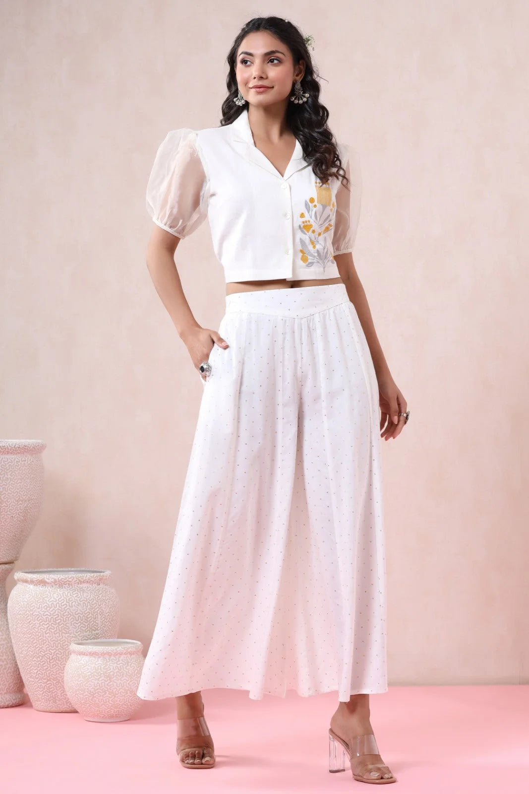 Off-White Polka Dot Palazzo Pants - Wide Leg Women's Trousers