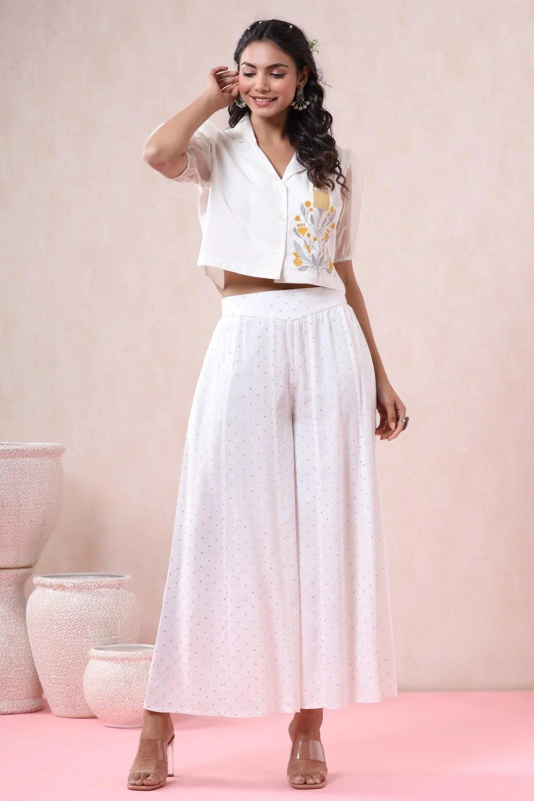 Off-White Polka Dot Palazzo Pants - Wide Leg Women's Trousers