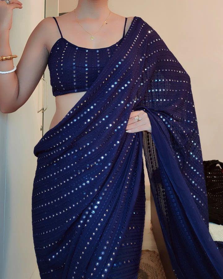 Georgette Saree for Women - Navy Blue | MLWSHSA9062NYB