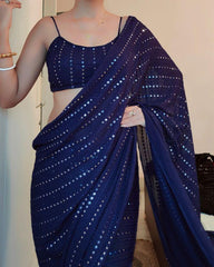 Georgette Saree for Women - Navy Blue | MLWSHSA9062NYB