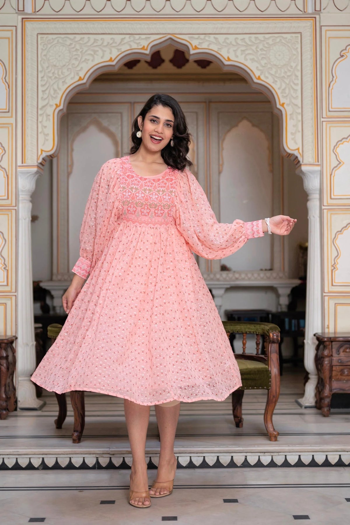 Peach Ethnic Motif Printed Georgette Midi  Dress With Sequins Work-3054PEACH