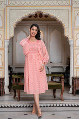 Peach Ethnic Motif Printed Georgette Midi  Dress With Sequins Work-3054PEACH