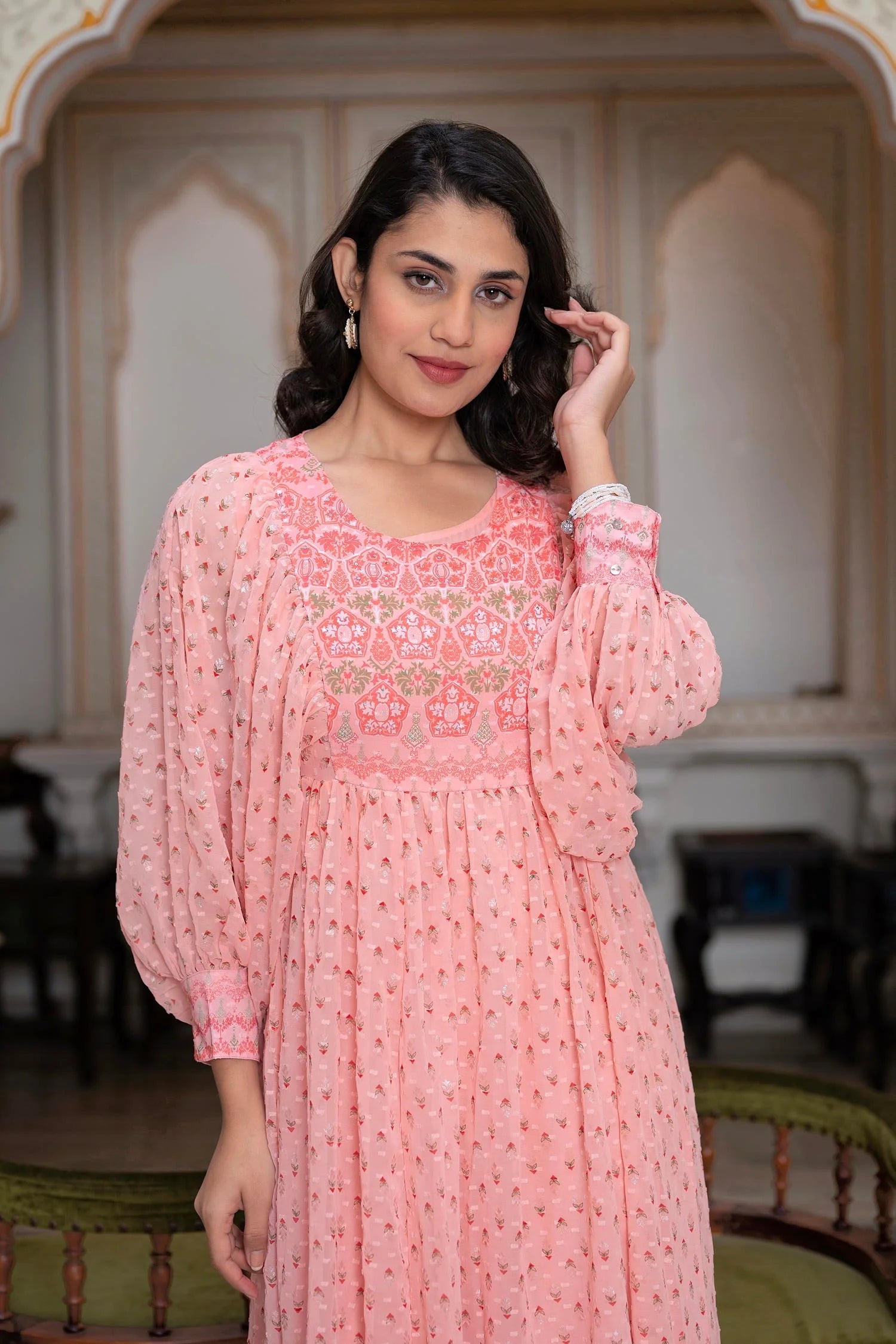 Peach Printed Midi Indian Dress with Sequins | Indian Dresses