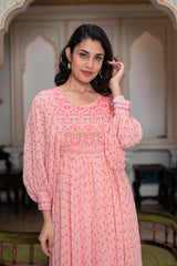 Peach Ethnic Motif Printed Georgette Midi  Dress With Sequins Work-3054PEACH