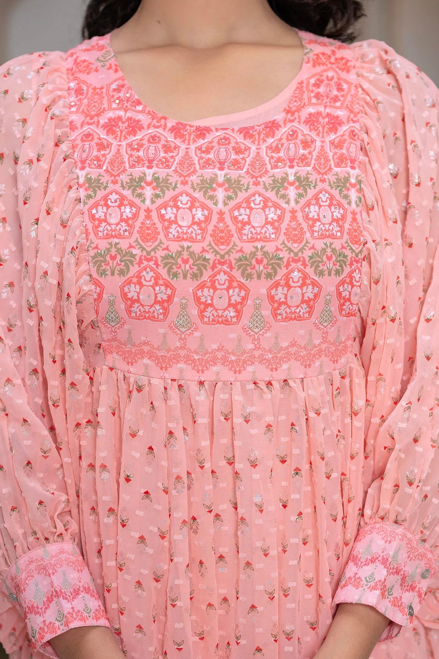 Peach Printed Midi Indian Dress with Sequins | Indian Dresses