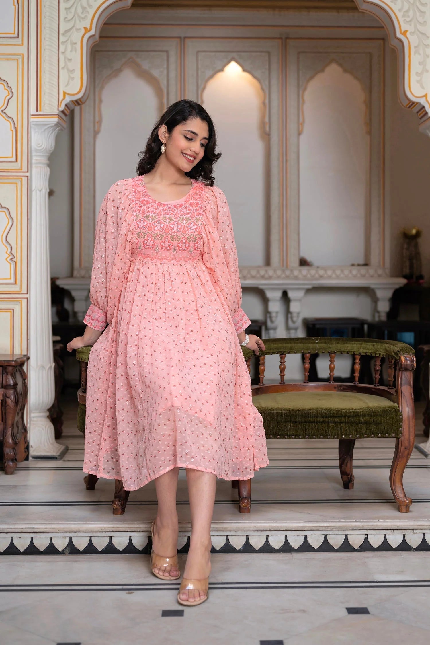 Peach Printed Midi Indian Dress with Sequins | Indian Dresses