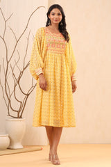 Yellow Ethnic Motif Printed Georgette Midi  Dress With Sequins Work-3054YELLOW