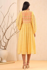 Yellow Ethnic Motif Printed Georgette Midi  Dress With Sequins Work-3054YELLOW