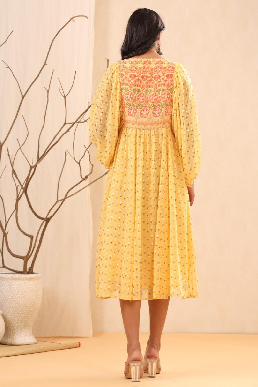 Yellow Ethnic Midi Indian Dresses | Georgette with Sequins