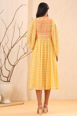 Yellow Ethnic Motif Printed Georgette Midi  Dress With Sequins Work-3054YELLOW