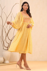 Yellow Ethnic Motif Printed Georgette Midi  Dress With Sequins Work-3054YELLOW