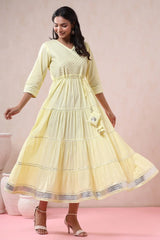 Yellow Solid Pure Cotton Solid Tiered Maxi Dress With Gota Work Dori Tie-Up & Cushioned Tassels At Waist-3056YELLOW