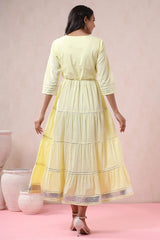 Yellow Solid Pure Cotton Solid Tiered Maxi Dress With Gota Work Dori Tie-Up & Cushioned Tassels At Waist-3056YELLOW