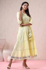 Yellow Solid Pure Cotton Solid Tiered Maxi Dress With Gota Work Dori Tie-Up & Cushioned Tassels At Waist-3056YELLOW