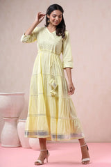 Yellow Solid Pure Cotton Solid Tiered Maxi Dress With Gota Work Dori Tie-Up & Cushioned Tassels At Waist-3056YELLOW