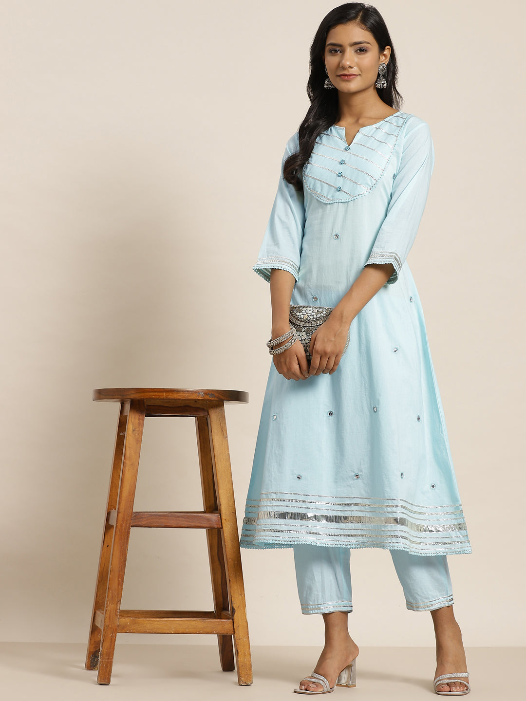 Sky Blue Solid Pure Cotton A-Line Kurta & Pants Set With Gota Work | D