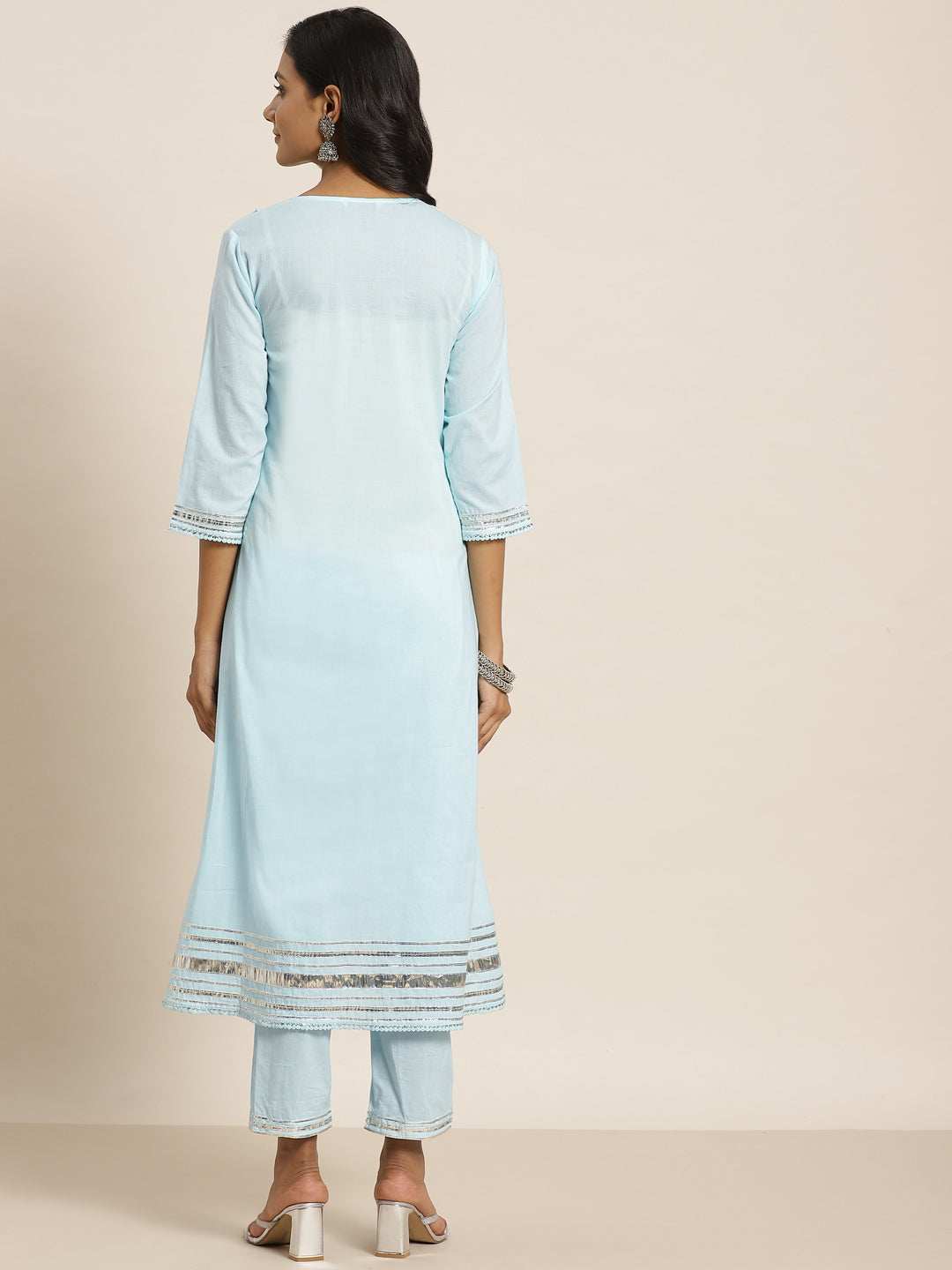 Sky Blue Solid Pure Cotton A-Line Kurta & Pants Set With Gota Work | D