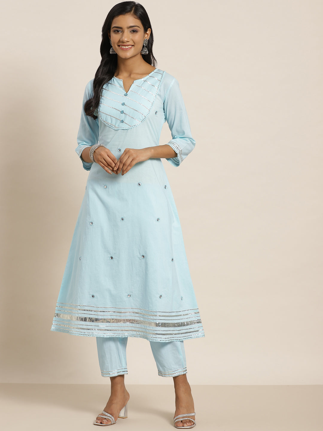 Sky Blue Solid Pure Cotton A-Line Kurta & Pants Set With Gota Work | D