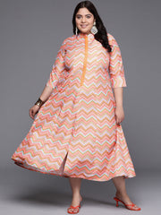 Plus Size Chevron Printed Mandarin Collar Midi Ethnic Dress-AP-AHEDCRDP-233