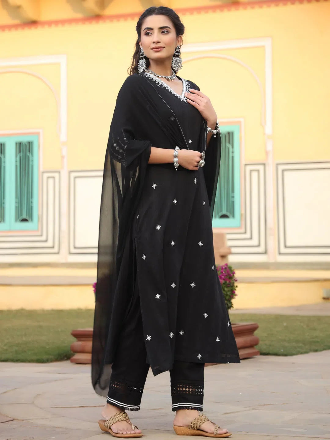 Black A-Line Kurta Set | Embroidered Indian Kurtas for Women
