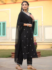Women Black Cotton Dobby Embroidered A-Line Kurta, Pant & Dupatta Set.