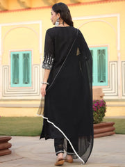 Women Black Cotton Dobby Embroidered A-Line Kurta, Pant & Dupatta Set.