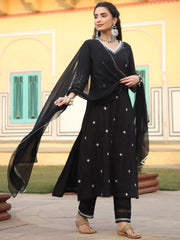 Women Black Cotton Dobby Embroidered A-Line Kurta, Pant & Dupatta Set.