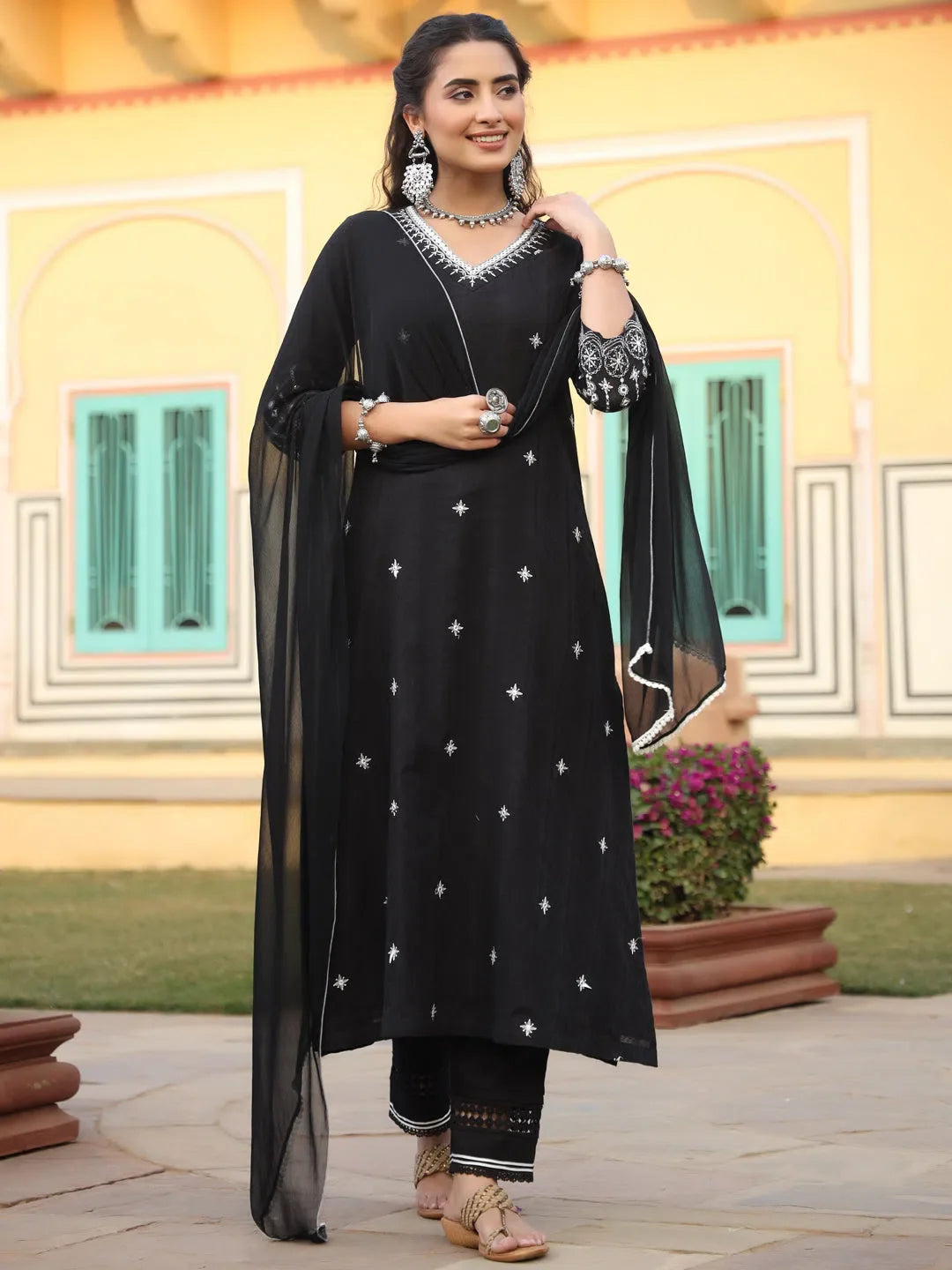 Black A-Line Kurta Set | Embroidered Indian Kurtas for Women