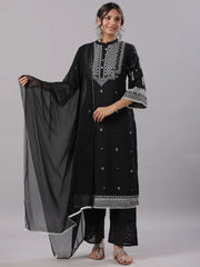 Women Black Cotton Dobby Embroidered Kurta, Pant & Dupatta Set.-3082SBLACK-S