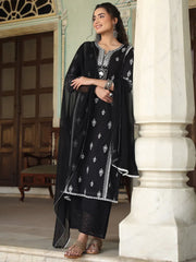 Women Black Cotton Dobby Embroidered Kurta, Pant & Dupatta Set.-3083SBLACK-S