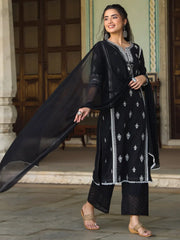 Women Black Cotton Dobby Embroidered Kurta, Pant & Dupatta Set.-3083SBLACK-S