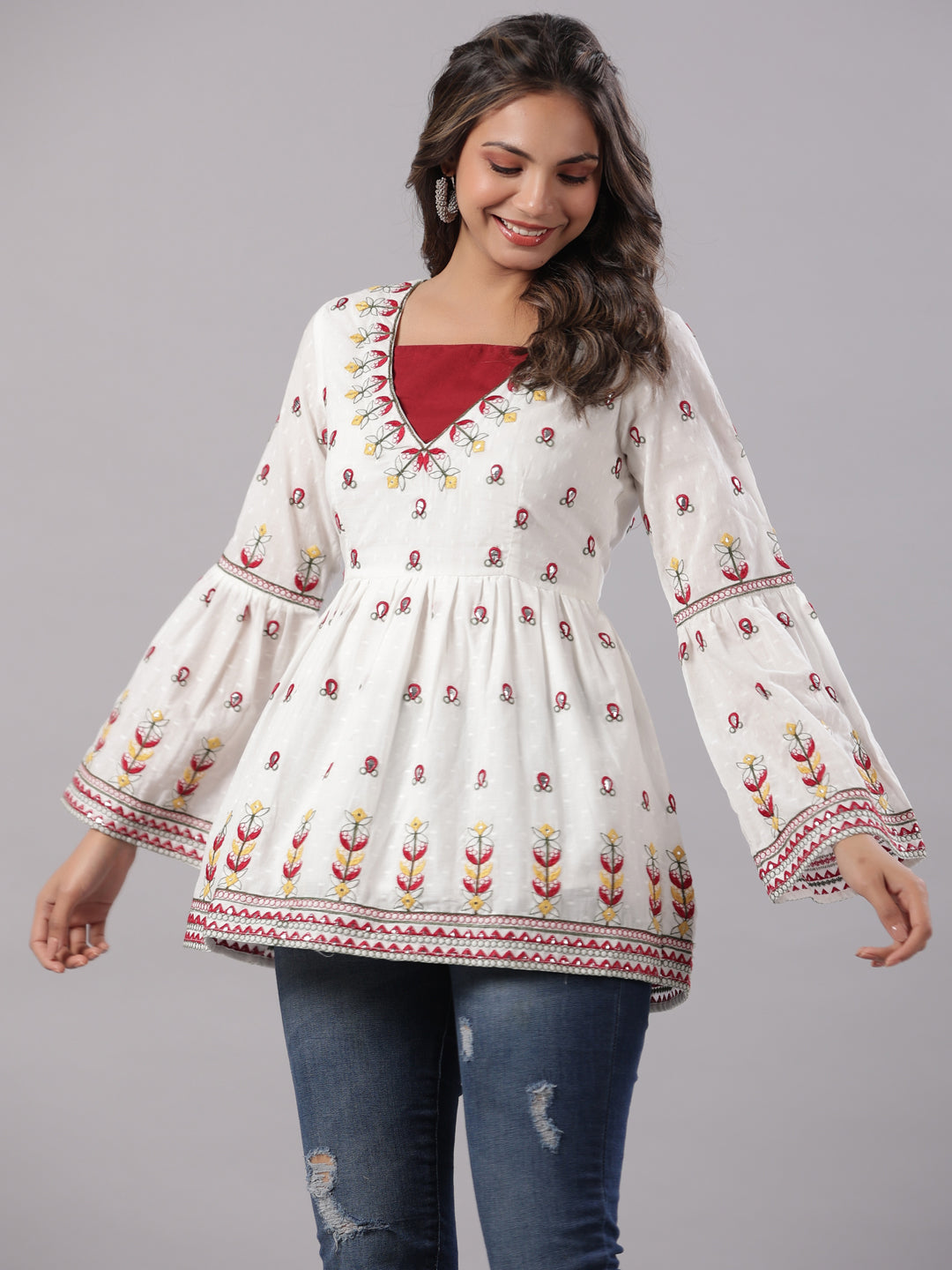 Multi-Color Cotton Dobby Peplum Tunic With Thread & Mirror Embroidery 