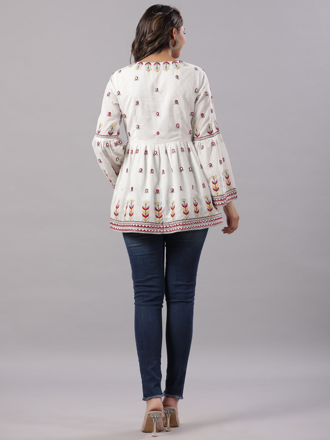 Multi-Color Cotton Dobby Peplum Tunic With Thread & Mirror Embroidery 